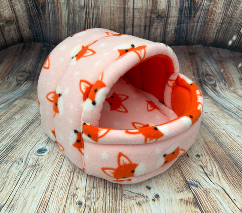 Pink Foxes Fleece Piggie Cave / Orange + Pad